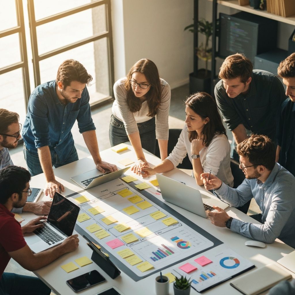 Agile software development team collaborating in modern office