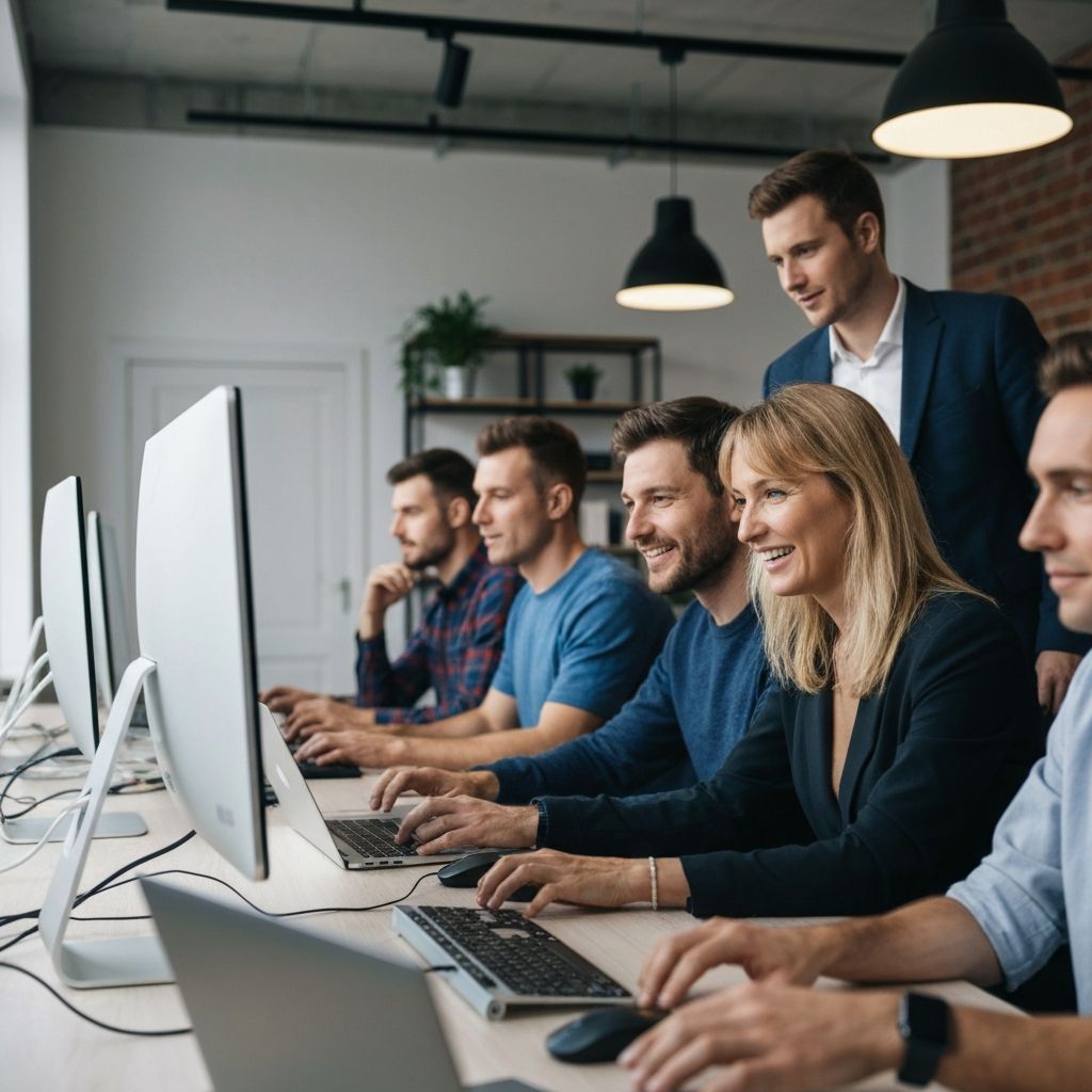 Professional software development team collaborating on code